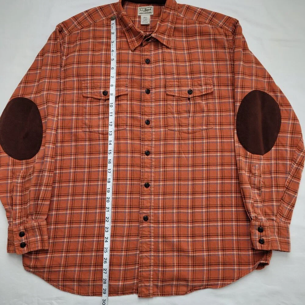 L.L. Bean Mens Plaid Flannel Shirt Orange Brown Elbow Patches Large Outdoorsman - Picture 5 of 9